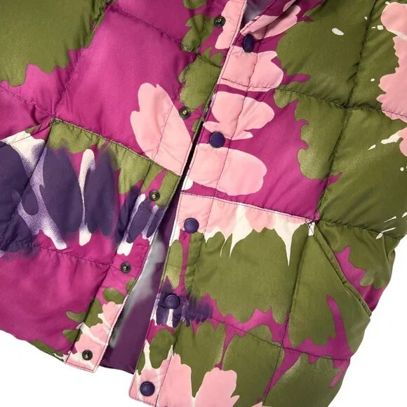 Lands End Floral Down Puffer Vest M 10-12 Bright Snap Close Pink Green Purple - Picture 7 of 14